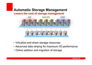 Automatic Storage Management
Lowers the cost of storage management
           HR          SALES          ERP




• Virtualize and share storage resources
• Advanced data striping for maximum I/O performance
• Online addition and migration of storage
 