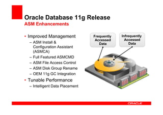 Oracle Database 11g Release
ASM Enhancements

• Improved Management            Frequently   Infrequently
                                  Accessed      Accessed
  – ASM Install &                   Data           Data
    Configuration Assistant
    (ASMCA)
  – Full Featured ASMCMD
  – ASM File Access Control
  – ASM Disk Group Rename
  – OEM 11g GC Integration
• Tunable Performance
  – Intelligent Data Placement
 