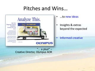 Pitches and Wins…
                                    • …to new ideas

                                    • Insights & extras
                                      beyond the expected

                                    • Informed creative


                    “… a plus!” –
Creative Director, Olympus AOR
 