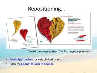 Repositioning…




               “Loved the yin-yang heart!” – Pitch agency president

• Fresh Approaches for established brands
• Pitch for Caduet launch in Canada
 