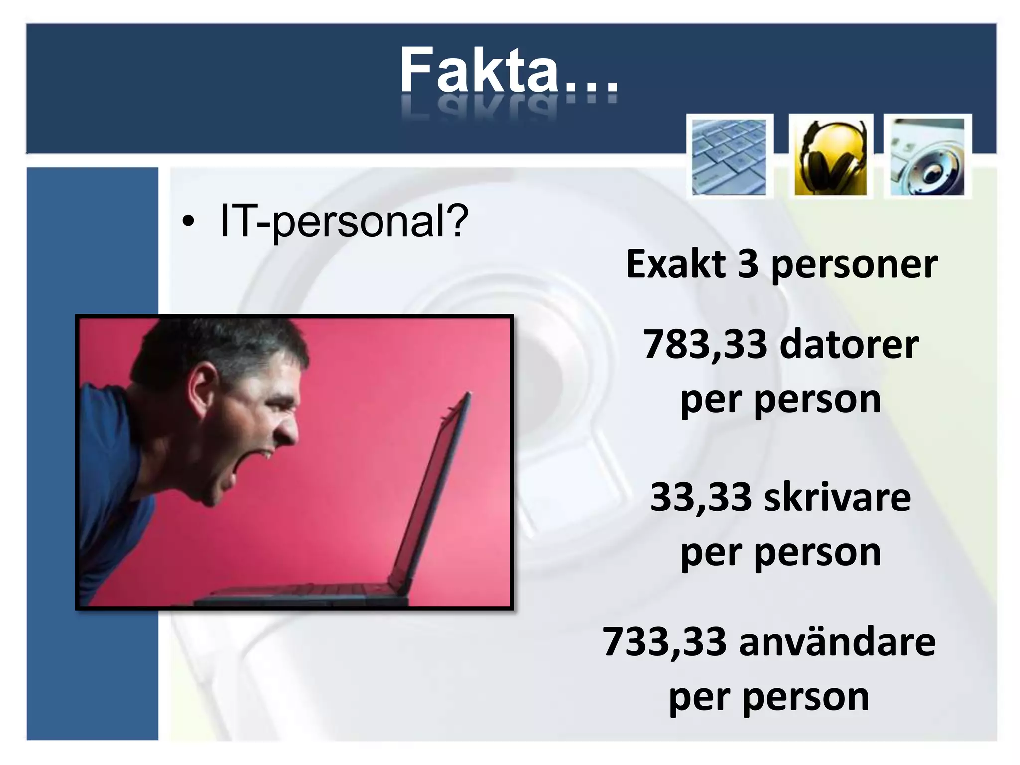 Fakta…

• IT-personal?
                   Exakt 3 personer
                   783,33 datorer
                     per person

                    33,33 skrivare
                     per person
                 733,33 användare
                    per person
 