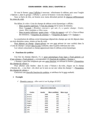 COURS BARDON - EXCEL 2010 / CHAPITRE 14



      Si vous le fermez, pour l’afficher à nouveau : sélectionnez le tableau, puis sous l’onglet
« Options », dans le groupe « Afficher », activez le bouton « Liste des champs ».
      Sous sa barre de titre, un bouton avec menu déroulant permet de disposer différemment
les zones du volet.

       Par défaut, le volet « Liste de champs de tableau croisé dynamique » affiche :
          - Dans sa partie supérieure, la liste des champs de la source de données.
             Dans l’exemple « Résultats concours » qui suit, il y a quatre champs : Centre,
             Année, Nbre candidats et Nbre reçus.
          - Dans sa partie inférieure, quatre zones : « Filtre du rapport » (cf. § 2 « Trier et filtrer
             des données), « Etiquettes de colonnes », « Etiquettes de lignes » et « Valeurs ».

      La constitution du tableau croisé dynamique dépend des champs qui ont été déposés dans
ces trois dernières zones, situées en bas du volet.
      Pour déposer un champ, cliquez-glissez sur son nom présent (et case cochée) dans la
« Liste de champs » jusque dans la zone souhaitée, dans la partie inférieure du volet.
      Les valeurs concernant ce champ apparaissent dans le tableau croisé dynamique.

       Fonctions de synthèse

     Une fois les champs déposés, il y a ajout automatique d’une ligne « Total général » et
d’une colonne « Total général », correspondant à la fonction de synthèse « Somme ».
     « Somme » peut être remplacée par une autre fonction, en utilisant la fenêtre « Paramètres
des champs de valeurs ».
     Pour afficher cette fenêtre : dans la zone « Valeurs » du volet, cliquez sur le champ
« Somme de… » (ou bien : clic droit sur le nom ou sur une valeur du champ) > « Paramètres
des champs de valeurs ».
     Choisissez une nouvelle fonction de synthèse, et attribuez-lui le nom souhaité.

       Exemple

             Données sources : elles sont ici sur la plage A3:D12.
 