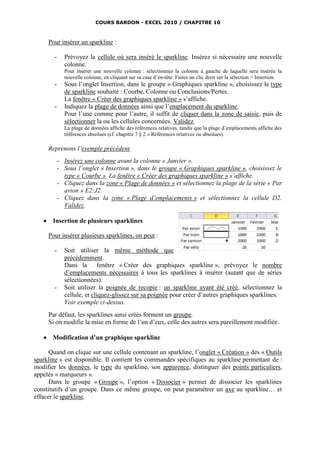COURS BARDON - EXCEL 2010 / CHAPITRE 10



       Pour insérer un sparkline :

         -     Prévoyez la cellule où sera inséré le sparkline. Insérez si nécessaire une nouvelle
               colonne.
               Pour insérer une nouvelle colonne : sélectionnez la colonne à gauche de laquelle sera insérée la
               nouvelle colonne, en cliquant sur sa case d’en-tête. Faites un clic droit sur la sélection > Insertion.
         -     Sous l’onglet Insertion, dans le groupe « Graphiques sparkline », choisissez le type
               de sparkline souhaité : Courbe, Colonne ou Conclusions/Pertes.
               La fenêtre « Créer des graphiques sparkline » s’affiche.
         -     Indiquez la plage de données ainsi que l’emplacement du sparkline.
               Pour l’une comme pour l’autre, il suffit de cliquer dans la zone de saisie, puis de
               sélectionner la ou les cellules concernées. Validez.
               La plage de données affiche des références relatives, tandis que la plage d’emplacements affiche des
               références absolues (cf. chapitre 7 § 2 « Références relatives ou absolues).

       Reprenons l’exemple précédent.
             - Insérez une colonne avant la colonne « Janvier ».
             - Sous l’onglet « Insertion », dans le groupe « Graphiques sparkline », choisissez le
               type « Courbe ». La fenêtre « Créer des graphiques sparkline » s’affiche.
             - Cliquez dans la zone « Plage de données » et sélectionnez la plage de la série « Par
               avion » E2:J2.
             - Cliquez dans la zone « Plage d’emplacements » et sélectionnez la cellule D2.
               Validez.

       Insertion de plusieurs sparklines

       Pour insérer plusieurs sparklines, on peut :

         -     Soit utiliser la même méthode que
               précédemment.
               Dans la fenêtre « Créer des graphiques sparkline », prévoyez le nombre
               d’emplacements nécessaires à tous les sparklines à insérer (autant que de séries
               sélectionnées).
         -     Soit utiliser la poignée de recopie : un sparkline ayant été créé, sélectionnez la
               cellule, et cliquez-glissez sur sa poignée pour créer d’autres graphiques sparklines.
               Voir exemple ci-dessus.
       Par défaut, les sparklines ainsi créés forment un groupe.
       Si on modifie la mise en forme de l’un d’eux, celle des autres sera pareillement modifiée.

       Modification d’un graphique sparkline

      Quand on clique sur une cellule contenant un sparkline, l’onglet « Création » des « Outils
sparkline » est disponible. Il contient les commandes spécifiques au sparkline permettant de :
modifier les données, le type du sparkline, son apparence, distinguer des points particuliers,
appelés « marqueurs ».
      Dans le groupe « Groupe », l’option « Dissocier » permet de dissocier les sparklines
constitutifs d’un groupe. Dans ce même groupe, on peut paramétrer un axe au sparkline… et
effacer le sparkline.
 