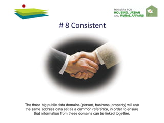 MINISTRY FOR
HOUSING, URBAN
AND RURAL AFFAIRS
The three big public data domains (person, business, property) will use
the same address data set as a common reference, in order to ensure
that information from these domains can be linked together.
# 8 Consistent
 