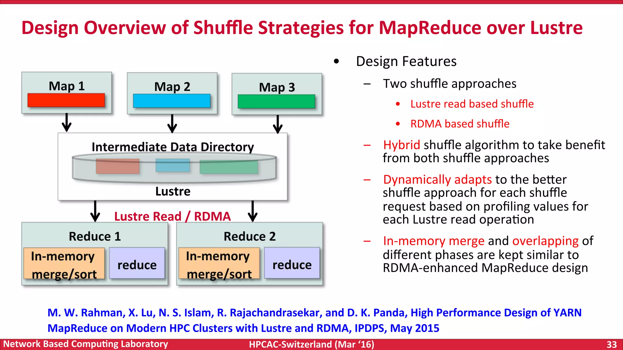 HPCAC-Switzerland	(Mar	‘16) 33	Network	Based	Compu4ng	Laboratory Intermediate	Data	Directory Design	Overview	of	Shuﬄe	Strategies	for	MapReduce	over	Lustre •  Design	Features –  Two	shuﬄe	approaches •  Lustre	read	based	shuﬄe •  RDMA	based	shuﬄe –  Hybrid	shuﬄe	algorithm	to	take	beneﬁt from	both	shuﬄe	approaches –  Dynamically	adapts	to	the	be<er shuﬄe	approach	for	each	shuﬄe request	based	on	proﬁling	values	for each	Lustre	read	operaFon –  In-memory	merge	and	overlapping	of diﬀerent	phases	are	kept	similar	to RDMA-enhanced	MapReduce	design Map	1 Map	2 Map	3 Lustre Reduce	1 Reduce	2 Lustre	Read	/	RDMA In-memory merge/sort reduce M.	W.	Rahman,	X.	Lu,	N.	S.	Islam,	R.	Rajachandrasekar,	and	D.	K.	Panda,	High	Performance	Design	of	YARN MapReduce	on	Modern	HPC	Clusters	with	Lustre	and	RDMA,	IPDPS,	May	2015 In-memory merge/sort reduce 