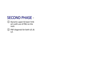 SECOND PHASE -
① Dynamic upper & lower limb
ex's with use of PBU on the
neck
② PNF diagonals for both U/L &
L/L
 