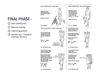 FINAL PHASE -
① Core stability ex's
② Balance training
③ Improving posture
④ Aerobic ex's - Treadmill
training ( 20 min )
 