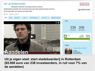 Uit je eigen stad: start stadsboerderij in Rotterdam
(65.000 euro van 238 investeerders, in ruil voor 7% van
de aandelen)
Aandelen
 