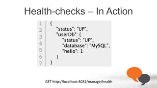 Health-checks – In Action
GET http://localhost:8081/manage/health
 