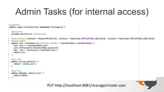 Admin Tasks (for internal access)
PUT http://localhost:8081/manage/create-user
 