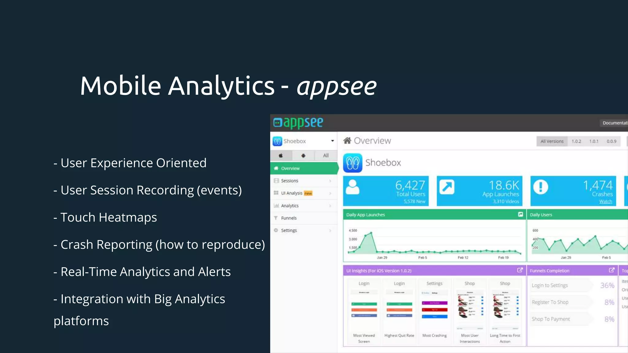 - User Experience Oriented
- User Session Recording (events)
- Touch Heatmaps
- Crash Reporting (how to reproduce)
- Real-Time Analytics and Alerts
- Integration with Big Analytics
platforms
Mobile Analytics - appsee
 