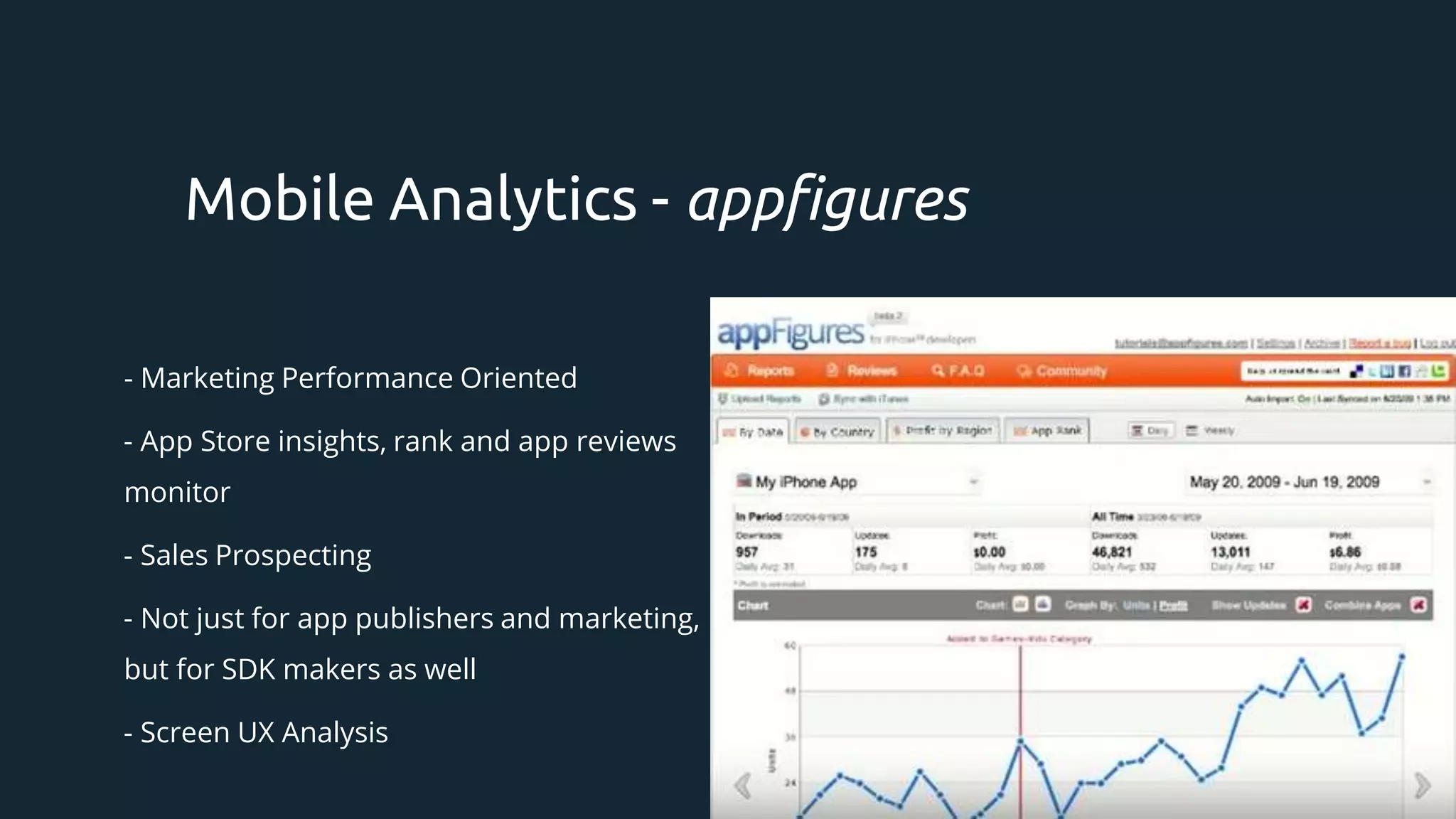 - Marketing Performance Oriented
- App Store insights, rank and app reviews
monitor
- Sales Prospecting
- Not just for app publishers and marketing,
but for SDK makers as well
- Screen UX Analysis
Mobile Analytics - appfigures
 