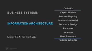 CODING

BUSINESS SYSTEMS            Object Models
                           Process Mapping
                           Information Model
INFORMATION ARCHITECTURE   Structural Design
                               Personas
                               Journeys

USER EXPERIENCE             User Research
                           VISUAL DESIGN
 