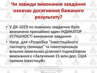 Чи завжди виконання завдання
означає досягнення бажаного
результату?
• У ДК-2019 по кожному завданню було
визначено принаймні один ІНДИКАТОР
УСПІШНОСТІ виконання завдання
• Напр. для «Розробка “Інвестиційного
паспорту громади” та інвентаризація
вільних земельних ділянок» Індикатором
виконання є «Залучення 15 млн.дол. США
прямих інвестицій»
Проект "Молодіжний кластер
органічного бізнесу Баранівської міської
ОТГ" реалізується за фінасової підтримки
 