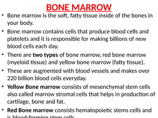 BONE MARROW
• Bone marrow is the soft, fatty tissue inside of the bones in
your body.
• Bone marrow contains cells that produce blood cells and
platelets and it is responsible for making billions of new
blood cells each day.
• There are two types of bone marrow, red bone marrow
(myeloid tissue) and yellow bone marrow (fatty tissue).
• These are augmented with blood vessels and makes over
220 billion blood cells everyday.
• Yellow Bone marrow consists of mesenchymal stem cells
also called marrow stromal cells that helps in production of
cartilage, bone and fat.
• Red Bone marrow consists hematopoietic stems cells and
 