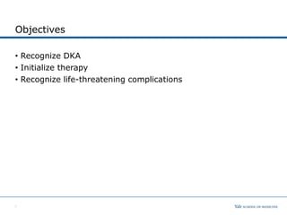 Objectives
• Recognize DKA
• Initialize therapy
• Recognize life-threatening complications
0
 