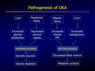 Pathogenesis of DKA
Liver
Increased
glucose
production
Decreased
glucose
uptake
Peripheral
tissue
HYPERGLYCEMIA
Increased
release
FFA
Increased
ketogenesis
Adipose
tissue
Liver
KETOACIDOSIS
Osmotic diuresis
Volume depletion Metabolic acidosis
Decreased alkali reserve
 