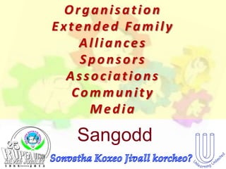 Organisation
Extended Family
    Alliances
    Sponsors
  Associations
   Community
     Media

   Sangodd
 