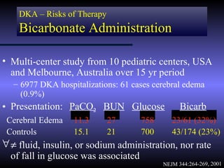 DKA – Risks of Therapy
    Bicarbonate Administration

• Multi-center study from 10 pediatric centers, USA
  and Melbourne, Australia over 15 yr period
  – 6977 DKA hospitalizations: 61 cases cerebral edema
    (0.9%)
• Presentation: PaCO2 BUN Glucose                 Bicarb
 Cerebral Edema   11.3       27       758      23/61 (32%)
 Controls         15.1       21       700      43/174 (23%)
∀ ≠ fluid, insulin, or sodium administration, nor rate
  of fall in glucose was associated
                                            NEJM 344:264-269, 2001
 