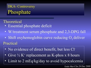 DKA- Controversy
  Phosphate
Theoretical
 • Essential phosphate deficit
 • W/treatment serum phosphate and 2,3-DPG fall
 • Shift oxyhemoglobin curve reducing O2 deliver
Practical
 • No evidence of direct benefit, but less Cl-
 • Give ½ K+ replacement as K-phos x 8 hours
 • Limit to 2 mEq/kg/day to avoid hypocalcemia
                                   Endo Met Clin 29:Dec 2000
 