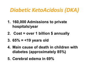 Diabetic KetoAcidosis (DKA)
1. 160,000 Admissions to private
hospitals/year
2. Cost = over 1 billion $ annually
3. 65% = <19 years old
4. Main cause of death in children with
diabetes (approximately 85%)
5. Cerebral edema in 69%
 