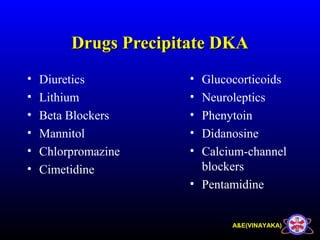 A&E(VINAYAKA)
Drugs Precipitate DKADrugs Precipitate DKA
• Diuretics
• Lithium
• Beta Blockers
• Mannitol
• Chlorpromazine
• Cimetidine
• Glucocorticoids
• Neuroleptics
• Phenytoin
• Didanosine
• Calcium-channel
blockers
• Pentamidine
 