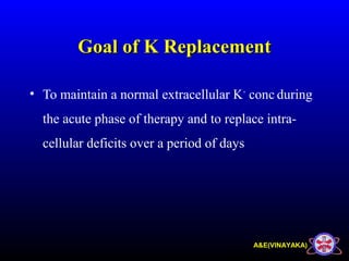 A&E(VINAYAKA)
Goal of K ReplacementGoal of K Replacement
• To maintain a normal extracellular K+
conc during
the acute phase of therapy and to replace intra-
cellular deficits over a period of days
 