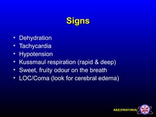 A&E(VINAYAKA)
SignsSigns
• Dehydration
• Tachycardia
• Hypotension
• Kussmaul respiration (rapid & deep)
• Sweet, fruity odour on the breath
• LOC/Coma (look for cerebral edema)
 