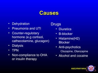 A&E(VINAYAKA)
CausesCauses
• Dehydration
• Pneumonia and UTI
• Counter-regulotary
hormone (e.g cortisol,
cathecolamine, glucagon)
• Dialysis
• TPN
• Non-compliance to OHA
or insulin therapy
Drugs
• Diuretics
• B-blocker
• Histamine(H2)
Blocker
• Anti-psychotics
Clozapine, Olanzapine
• Alcohol and cocaine
 