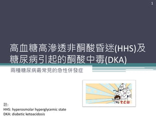 高血糖高滲透非酮酸昏迷(HHS)及
糖尿病引起的酮酸中毒(DKA)
兩種糖尿病最常見的急性併發症
1
註:
HHS: hyperosmolar hyperglycemic state
DKA: diabetic ketoacidosis
 