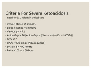Criteria For Severe Ketoacidosis
- need for ICU referral/ critical care
◦ Venous HCO3 <5 mmol/L
◦ Blood ketones >6 mmol/L
◦ Venous pH <7.1
◦ Anion Gap > 16 [Anion Gap = (Na+ + K+) – (Cl- + HCO3-)]
◦ GCS <12
◦ SPO2 <92% on air (ABG required)
◦ Systolic BP <90 mmHg
◦ Pulse >100 or <60 bpm
 