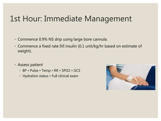 1st Hour: Immediate Management
◦ Commence 0.9% NS drip using large bore cannula.
◦ Commence a fixed rate IVI insulin (0.1 unit/kg/hr based on estimate of
weight).
◦ Assess patient
◦ BP • Pulse • Temp • RR • SPO2 • GCS
◦ Hydration status • Full clinical exam
 