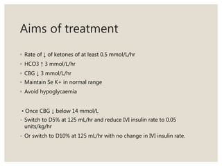 Aims of treatment
◦ Rate of ↓ of ketones of at least 0.5 mmol/L/hr
◦ HCO3 ↑ 3 mmol/L/hr
◦ CBG ↓ 3 mmol/L/hr
◦ Maintain Se K+ in normal range
◦ Avoid hypoglycaemia
• Once CBG ↓ below 14 mmol/L
- Switch to D5% at 125 mL/hr and reduce IVI insulin rate to 0.05
units/kg/hr
- Or switch to D10% at 125 mL/hr with no change in IVI insulin rate.
 