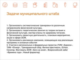 Задачи муниципального штаба 
1. Организовать систематические тренировки по различным 
направлениям физической культуры. 
2. Организовать теоретические занятия по теории питания и 
физической культуре, мастер-классы по здоровому питанию. 
3. Организовать проектную деятельность, плановые мероприятия, 
акции в сфере ЗОЖ. 
4. Организовать рекламную кампанию, освещающую ход реализации 
программы и основные события 
5. Участие в региональных и федеральных проектах (ТИМ «Бирюса», 
ТИМ «Юниор», Тренировочный сбор, Фитенс-фестиваль, IQ-бал, 
Селигер, Фестиваль ЗОЖ «Беги за мной», Всероссийский забег 
«Времена года», Новый фарватер) 
 
