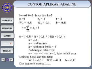BERANDABERANDA
KELOMPOKKELOMPOK
MATERIMATERI
DISKUSIDISKUSI
SELESAISELESAI
CONTOH APLIKASI ADALINECONTOH APLIKASI ADALINECONTOH APLIKASI ADALINECONTOH APLIKASI ADALINE
Iterasi ke-2 : Input data ke-2
p1 =1 p2 = -1 t = -1
W11 = -0,31 W12 = -0,11 b = -0,41
n = ((-0,31* 1) + (-0,11* (-1))) + (-0,41)
n = -0,61
a = hardlims (n)
a = hardlims (-0,61) = -1
Perhitungan nilai error:
e = t – a = -1 – (-1) = 0, tidak terjadi error
sehingga bobot dan bias tetap
W11 = -0,31 W12 = -0,11 b = -0,41
Dan begitu seterusnya…….
 