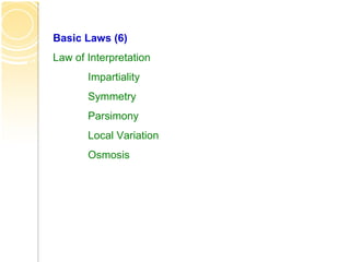 Basic Laws (6)
Law of Interpretation
Impartiality
Symmetry
Parsimony
Local Variation
Osmosis
 
