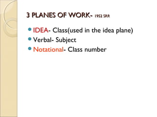 3 PLANES OF WORK-3 PLANES OF WORK- 1952 SRR1952 SRR
IDEA- Class(used in the idea plane)
Verbal- Subject
Notational- Class number
 