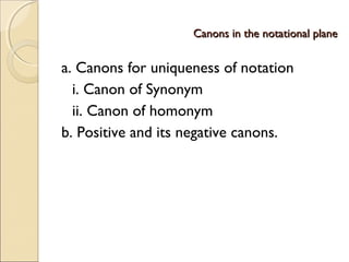 Canons in the notational planeCanons in the notational plane
a. Canons for uniqueness of notation
i. Canon of Synonym
ii. Canon of homonym
b. Positive and its negative canons.
 