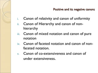 Positive and its negative canonsPositive and its negative canons
i. Canon of relativity and canon of uniformity
ii. Canon of Hierarchy and canon of non-
hierarchy
iii. Canon of mixed notation and canon of pure
notation
iv. Canon of faceted notation and canon of non-
faceted notation.
v. Canon of co-extensiveness and canon of
under extensiveness.
 