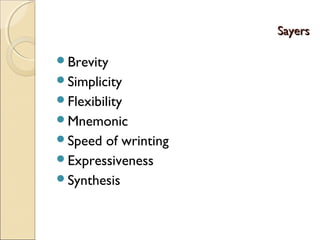 SayersSayers
Brevity
Simplicity
Flexibility
Mnemonic
Speed of wrinting
Expressiveness
Synthesis
 