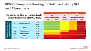 KDIGO: Composite Ranking for Relative Risks by GFR
and Albuminuria
17
Levey. Kidney Int. 2011;80:17-28. Slide credit: clinicaloptions.com
Composite ranking for relative risks by
GFR and albuminuria (KDIGO 2009)
Albuminuria stages, description, and range (mg/g)
A1 A2 A3
Optimal and high-normal High Very high and nephrotic
<10 10-29 30-299 300-1999 ≥2000
eGFR
Stages,
Description,
and
Range
(ml/min/1.73m
2
)
G1 High and optimum
>105
90-104
G2 Mild
75-89
60-74
G3a Mild-moderate 45-59
G3b Moderate-severe 30-44
G4 Severe 15-29
G5 Kidney failure <15
 