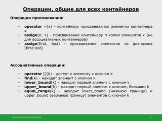 http://www.slideshare.net/IgorShkulipa 24
Операции, общие для всех контейнеров
Операции присваивания:
• operator =(x) - ко...