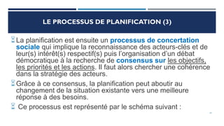 LE PROCESSUS DE PLANIFICATION (3)
La planification est ensuite un processus de concertation
sociale qui implique la reconnaissance des acteurs-clés et de
leur(s) intérêt(s) respectif(s) puis l’organisation d’un débat
démocratique à la recherche de consensus sur les objectifs,
les priorités et les actions. Il faut alors chercher une cohérence
dans la stratégie des acteurs.
Grâce à ce consensus, la planification peut aboutir au
changement de la situation existante vers une meilleure
réponse à des besoins.
 Ce processus est représenté par le schéma suivant :
24
 