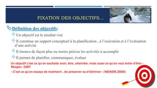 FIXATION DES OBJECTIFS…
Définition des objectifs:
Un objectif est le résultat visé
Il constitue un support conceptuel à la planification , à l’exécution et à l’évaluation
d’une activité
Il énonce de façon plus ou moins précise les activités à accomplir
Il permet de planifier, communiquer, évaluer
Un objectif c’est ce qu’on souhaite avoir, être, atteindre, mais aussi ce qu’on veut éviter d’être »
Morgan, 1987
« C’est ce qu’on essaye de maintenir , de préserver ou d’éliminer » (NICKOIS 2000)
44
 