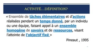 ACTIVITÉ…DÉFINITION?
« Ensemble de tâches élémentaires et d’actions
réalisées pendant un temps donné, par un individu
ou une équipe, faisant appel à un ensemble
homogène de savoirs et de ressources, visant
l’atteinte de l’objectif fixé »
Pineaut , 1995
54
 