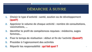 DÉMARCHE À SUIVRE
1. Choisir le type d’activité : santé, soutien ou de développement
(quoi?)
2. Apprécier le volume de chaque activité : nombre de consultations,
vaccinations, ...
3. Identifier le profil de compétences requises : médecins, sages
femmes…
4. Fixer le temps de réalisation : début et fin de l’activité (Quand?)
5. Procéder à l’agencement des activités
6. Répartir les responsabilité : qui fait quoi ? 57
 