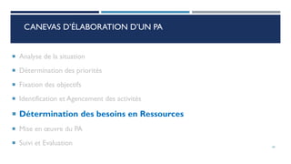 CANEVAS D’ÉLABORATION D’UN PA
 Analyse de la situation
 Détermination des priorités
 Fixation des objectifs
 Identification et Agencement des activités
 Détermination des besoins en Ressources
 Mise en œuvre du PA
 Suivi et Evaluation 60
 