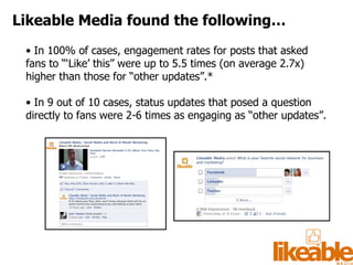 •  In 100% of cases, engagement rates for posts that asked fans to “‘Like’ this” were up to 5.5 times (on average 2.7x) higher than those for “other updates”.* •  In 9 out of 10 cases, status updates that posed a question directly to fans were 2-6 times as engaging as “other updates”. Likeable Media found the following… 