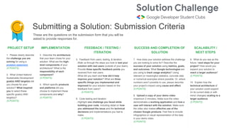 Submitting a Solution: Submission Criteria
PROJECT SETUP
1. Please clearly describe
the challenge you are
solving for usin...