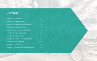 CONTENT
CHAPTER 1 : STATEMENT 3
CHAPTER 2 : GROUP PROFILE 4
CHAPTER 3 : CORPORATE GOVERNANCE 13
CHAPTER 4 : ANNUAL ACTIONS 17
CHAPTER 5 : MEET OUR STAKEHOLDERS 20
CHAPTER 6 : UNGC PLINCIPLES 27
CHAPTER 7 : HUMAN RIGHTS 29
CHAPTER 8 : LABOR & ANTI-CORRUPTION 30
CHAPTER 9 : ENVIRONMENT 33
CHAPTER 10: SOCIETY 43
CHAPTER 11: INFORMATION ON THE REPORT 51
 